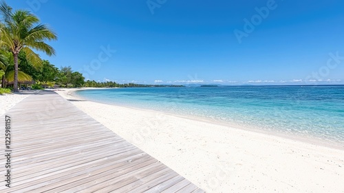 Wallpaper Mural Tropical beach boardwalk, turquoise water, palm trees, sunny day, travel postcard Torontodigital.ca