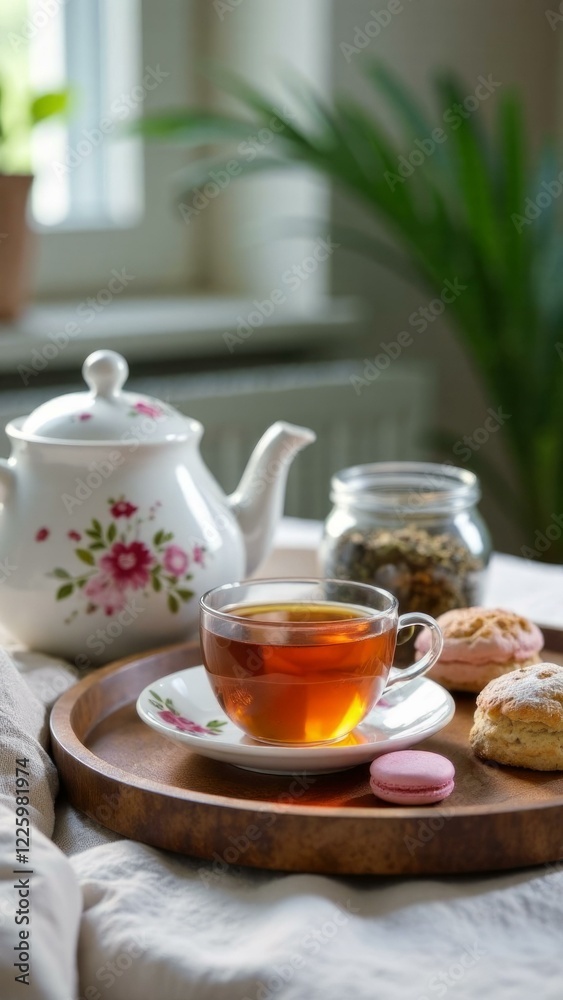 Fototapeta premium Cozy morning tea setup with floral teapot, scones, and macarons on a wooden tray in bright kitchen setting