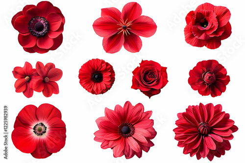 A collection of various red flowers isolated on a transparent background, showcasing the beauty of nature in bright and striking hues.