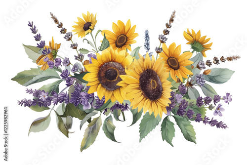 Bright Sunflowers and Lavender Create a Vibrant Floral Arrangement for Summer Decor - Vintage Illustration, Isolated on White Transparent Background, PNG