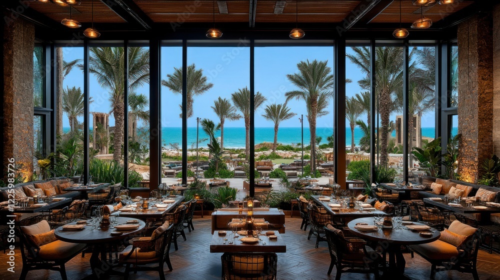 Fototapeta premium Coastal Restaurant with Ocean View: Luxurious Dining Experience