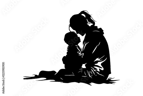 Silhouette of a mother holding her child, showcasing love and connection, set against a white background. Concept of maternal bond