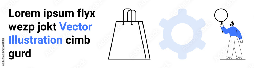 Shopping bag, gear, and person holding a balloon under a text block with Vector Illustration. Ideal for e-commerce, marketing, presentations, infographics, web design, advertising technology Shopping bag, gear, and person holding a balloon under a text block with Vector Illustration. Ideal for e-commerce, marketing, presentations, infographics, web design, advertising technology