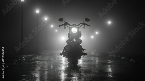 Night Rider: A lone motorcycle on a foggy road under the glow of streetlights.
