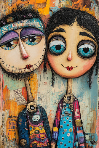 Surreal mixed-media painting of two whimsical characters with large expressive eyes, textured brushstrokes, and vibrant abstract elements, symbolizing creativity, uniqueness, and artistic vision. photo