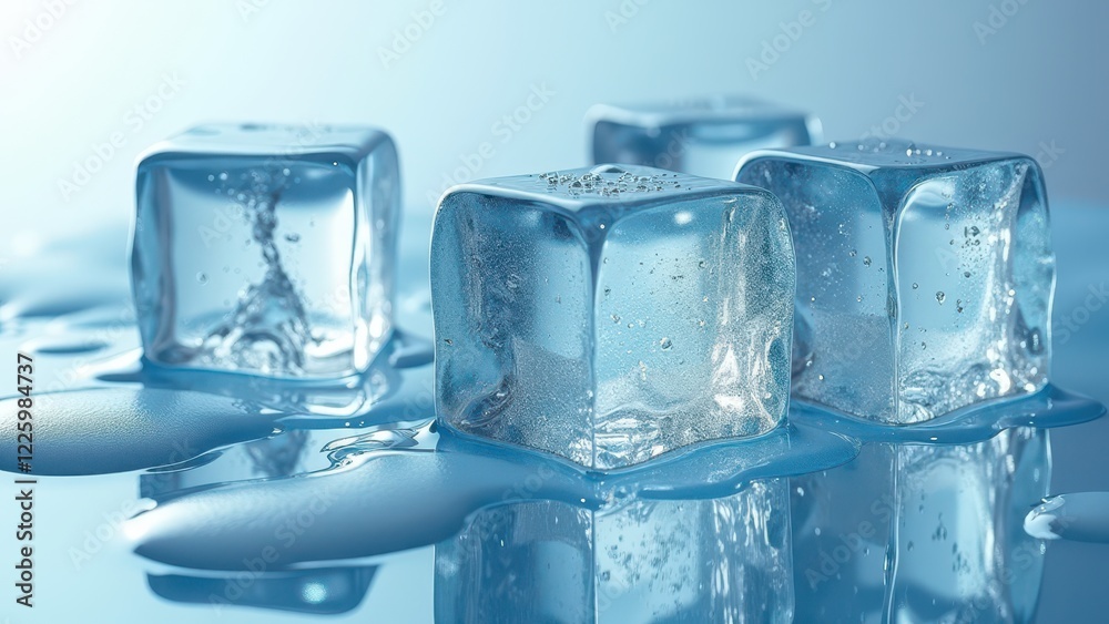 Fresh ice cubes stacked and melting on a reflective surface with water droplets Fresh ice cubes stacked and melting on a reflective surface with water droplets