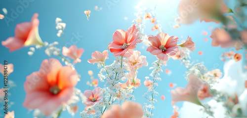 A dreamy concept of fresh spring flowers floating in the sky, creating a burst of love and joy against a pastel blue background.