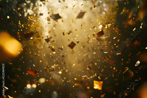 A dynamic and festive party scene with colorful confetti floating through the air against a golden backdrop, evoking celebration.