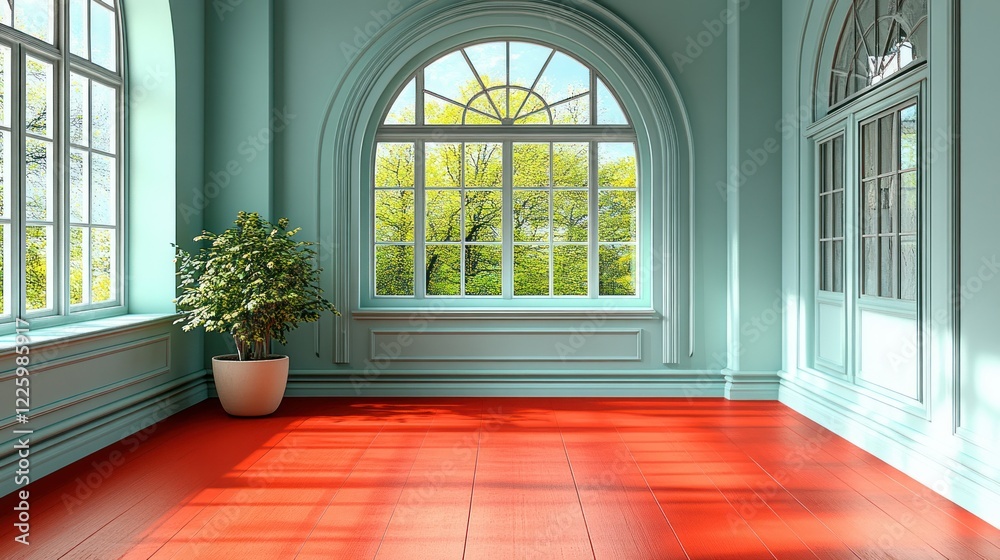 Fototapeta premium Serene Sunlit Room with Red Floor and Green Walls