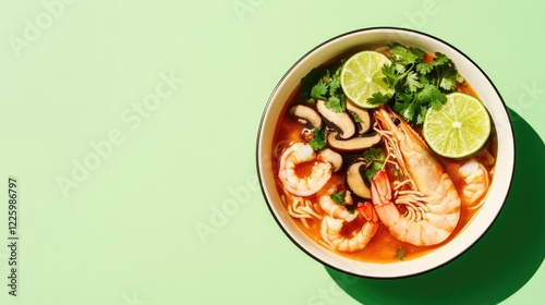 top-down view of large bowl of thai tom yum soup with prawns mushrooms and rich spicy broth garnished with cilantro