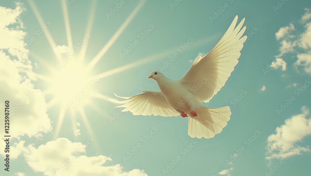 Fototapeta premium White dove flying in bright sunlight against turquoise sky with fluffy clouds, wings spread wide in graceful soaring motion, symbolizing peace and spirituality.