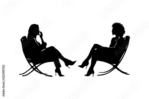 Silhouettes of Two Women Sitting on Chairs in Conversation at a psychotherapy session. Concept of psychotherapy