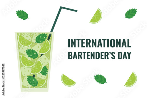 International Bartender's Day. Vector banner with mojito cocktail.