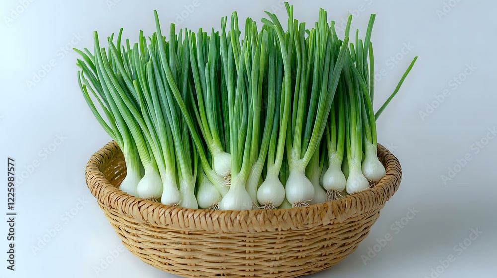 Fresh green onions with white bulbs arranged in woven basket on light background, raw organic scallions for cooking and garnishing food. Fresh green onions with white bulbs arranged in woven basket on light background, raw organic scallions for cooking and garnishing food.