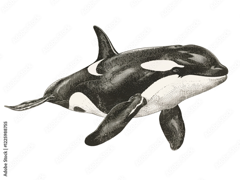 Fototapeta premium Orca Swimming Gracefully Through Ocean Waters in a Detailed Illustration - Vintage Illustration, Isolated on White Transparent Background, PNG