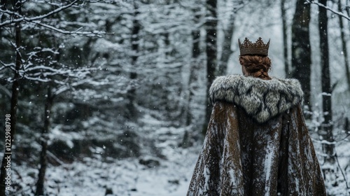 Female medieval queen in snowy forest with crown and fur cloak