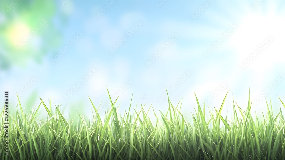Fototapeta premium Vibrant Green Grass Blades Against Sunny Sky Background