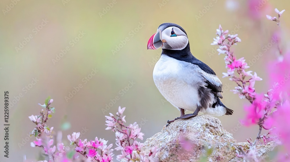 Obraz premium Atlantic puffin perched on rock, pink flowers, coastal habitat, wildlife photography, nature background, suitable for calendars