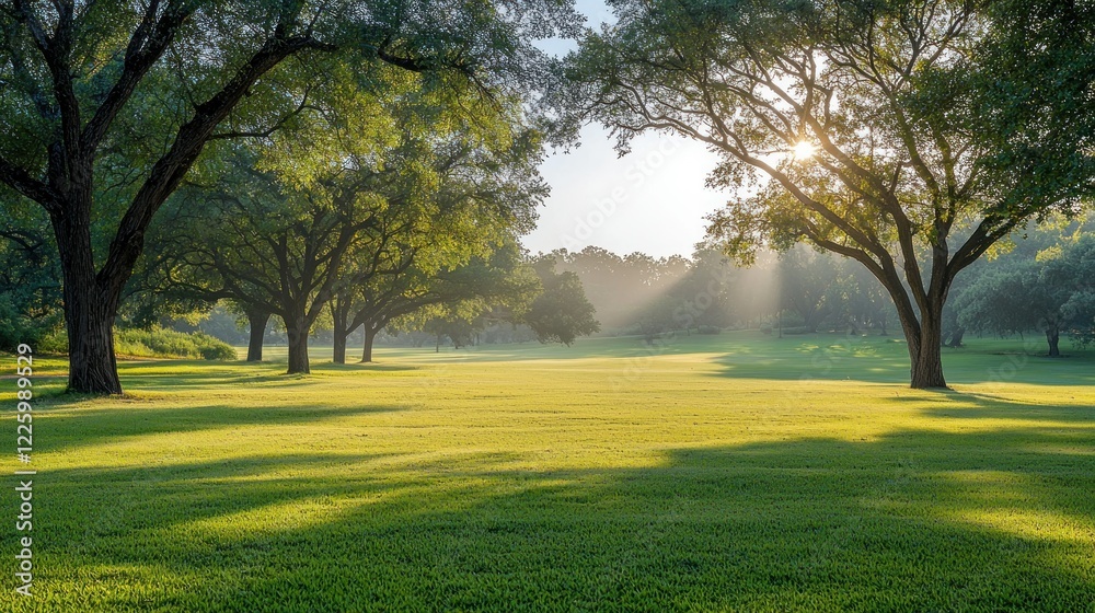 Fototapeta premium Sunrise over tranquil park, sunbeams through trees, peaceful morning scene, nature poster