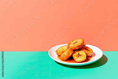 top-down view of scene is product photography setup with studio lighting featuring golden fried plantains with sweet