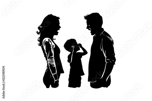 Silhouette of parents arguing, child covering ears in distress, on a plain white background. Concept of family conflict, emotional impact and misunderstanding in family