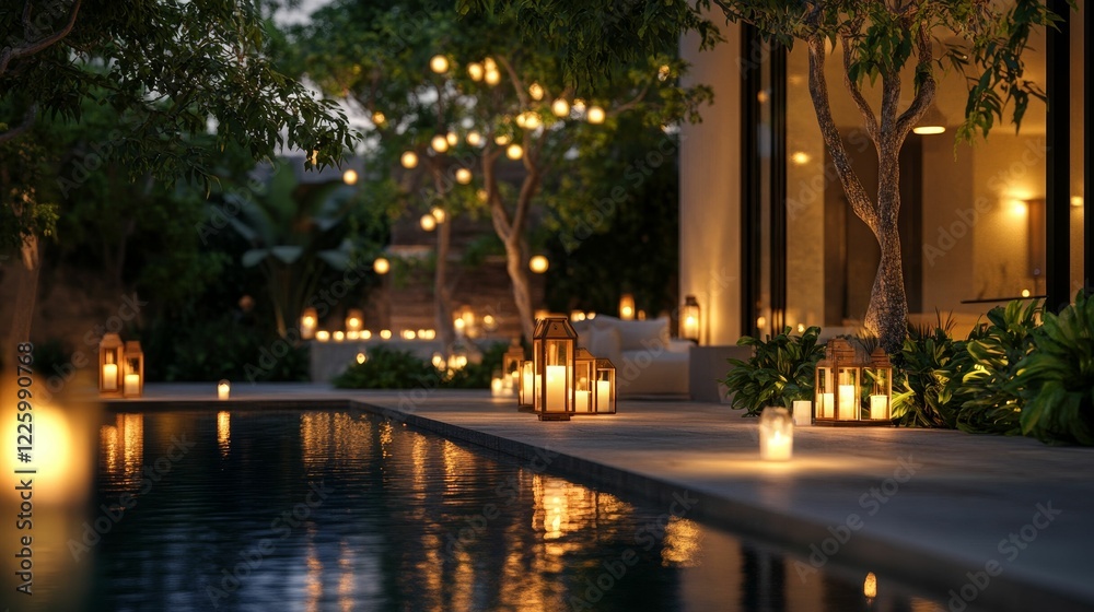 Fototapeta premium Poolside with glowing lanterns, trees, and soft light.
