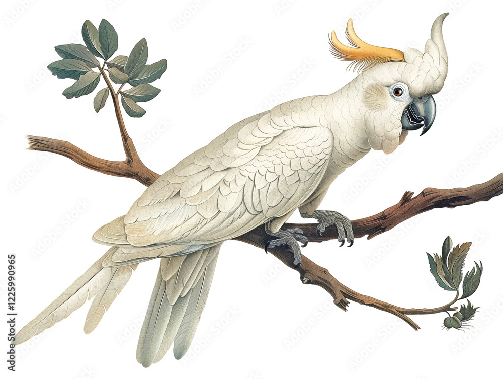 Fototapeta premium Beautiful White Cockatoo Perched on a Branch With Delicate Foliage in a Natural Setting During Daylight - Vintage Illustration, Isolated on White Transparent Background, PNG