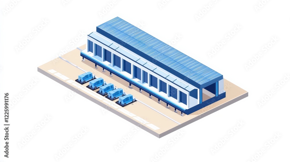 Isometric illustration of a modern train station with blue benches and a sleek design Isometric illustration of a modern train station with blue benches and a sleek design