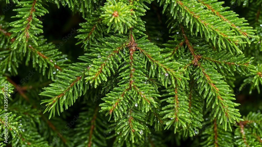 Fresh Evergreen Pine Needles with Water Drops After Rainfall Fresh Evergreen Pine Needles with Water Drops After Rainfall