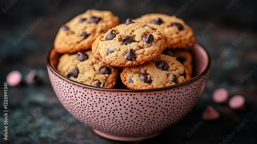 A Pink Bowl Filled with Delicious Chocolate Chip Cookies A Pink Bowl Filled with Delicious Chocolate Chip Cookies