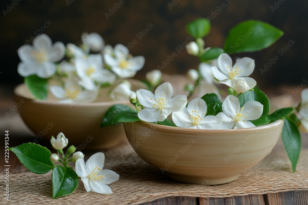 White blossoms and green leaves in two bowls. White blossoms and green leaves in two bowls.