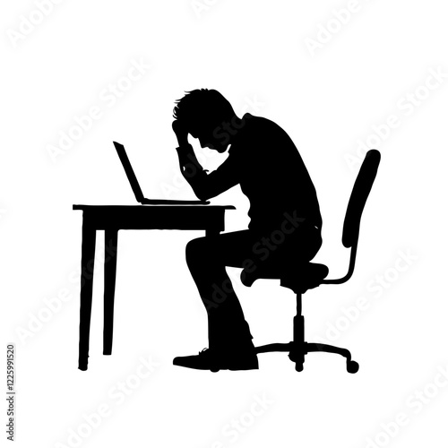 Silhouette of a person sitting at a desk with a laptop, head in hands, on a white background. Concept of stress and frustration at work