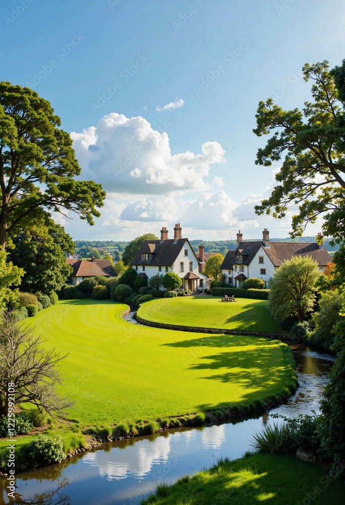 Naklejka premium A rural haven of stone homes with tiled roofs amidst bright green landscapes