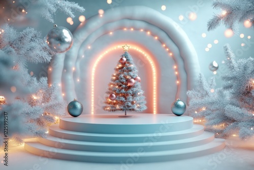 Christmas tree surrounded by snowy decorations and glowing lights in a festive indoor setting photo