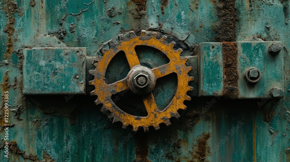 Rusty Gear on Weathered Teal Metal Rusty Gear on Weathered Teal Metal