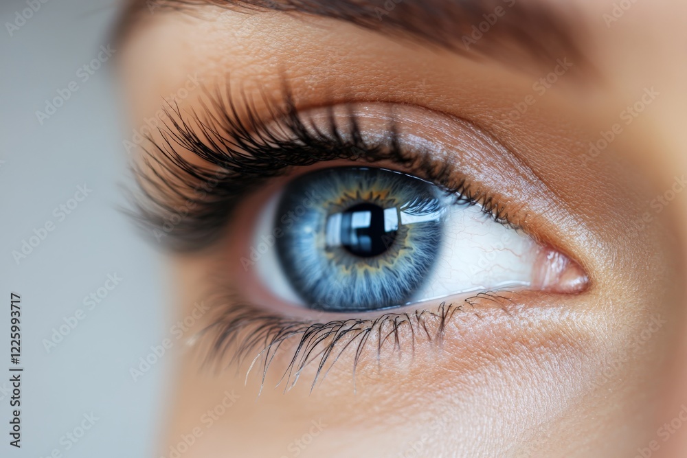 Obraz premium Close-up of a captivating blue eye highlighting detailed eyelashes and iris features