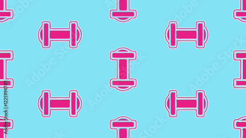 Seamless pattern of abstract hardware symbols with dumbbells, pink and blue, fitness theme