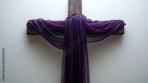 Purple cloth draped on wooden cross, white wall background, Lent, religious imagery, spiritual photo