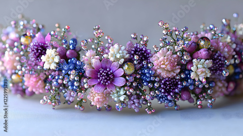 Purple flower crown, handmade jewelry, studio shot, craft background, wedding accessory photo