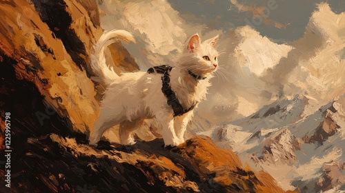 A confident white cat with a sleek harness, striding against a dramatic mountain backdrop, oil painting style, rich earthy tones, adventurous mood