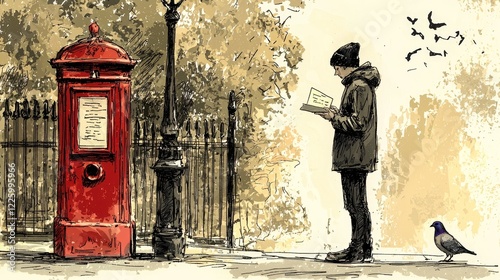 A contemplative figure in casual attire stands beside a classic red post box, reading a letter, as a pigeon perches nearby, urban sketch, muted tones, tranquil mood photo