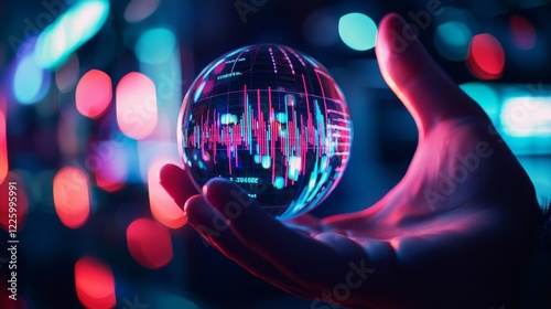 A close-up of a crystal ball on a trader's desk, displaying a live stock market chart, futuristic lighting, high detail