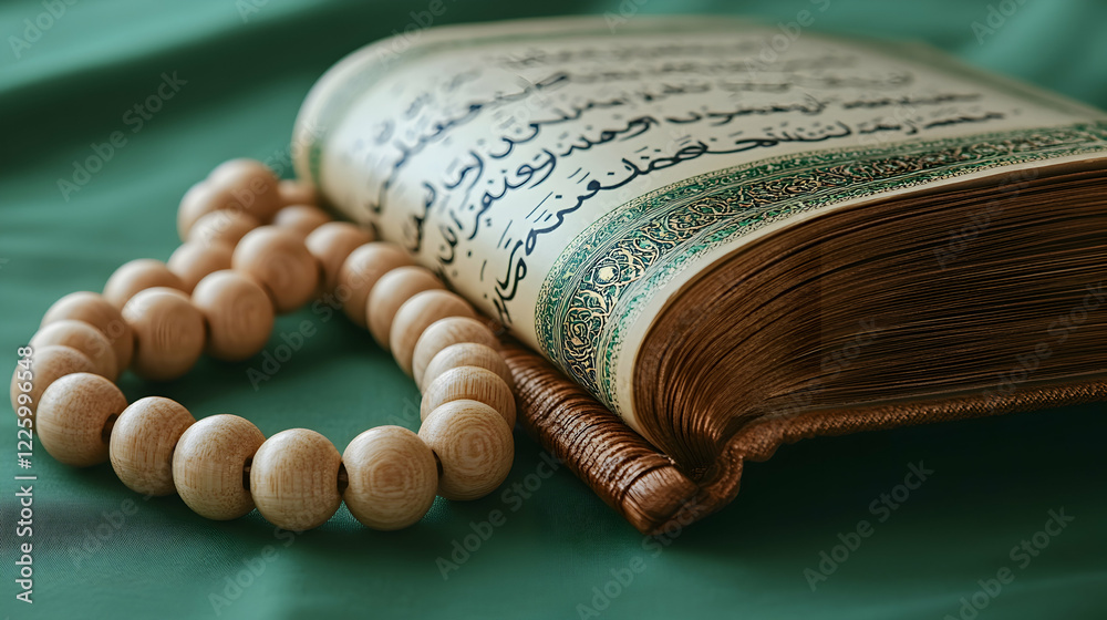 Quran and prayer beads on green cloth; Islamic faith, spirituality, reflection Quran and prayer beads on green cloth; Islamic faith, spirituality, reflection