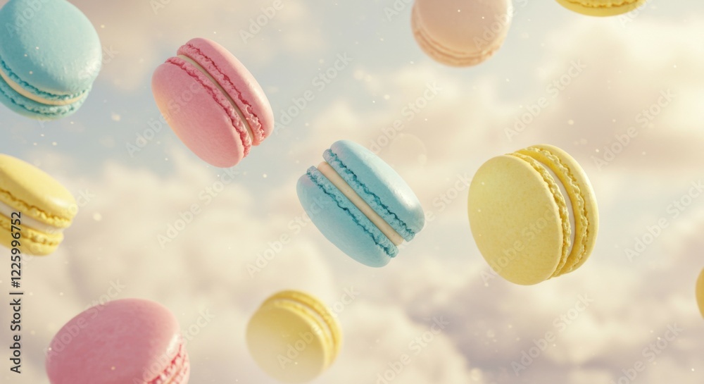 Fototapeta premium Whimsical pastel-colored macarons glowing in bright natural sunlight.