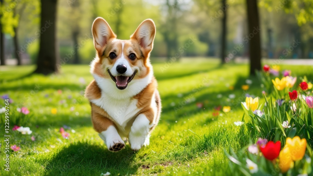 Happy corgi running through a vibrant spring park filled with colorful flowers Happy corgi running through a vibrant spring park filled with colorful flowers