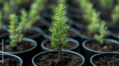 Young Conifer Seedlings in Black Pots on Soil Background