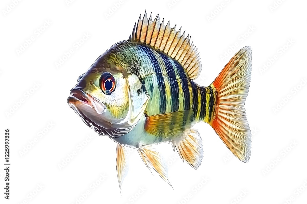 Fototapeta premium Vibrant Colorful Tropical Fish Illustration, Aquatic Life, Detailed Fin, Scale, Underwater Animal, Ocean Fish Art