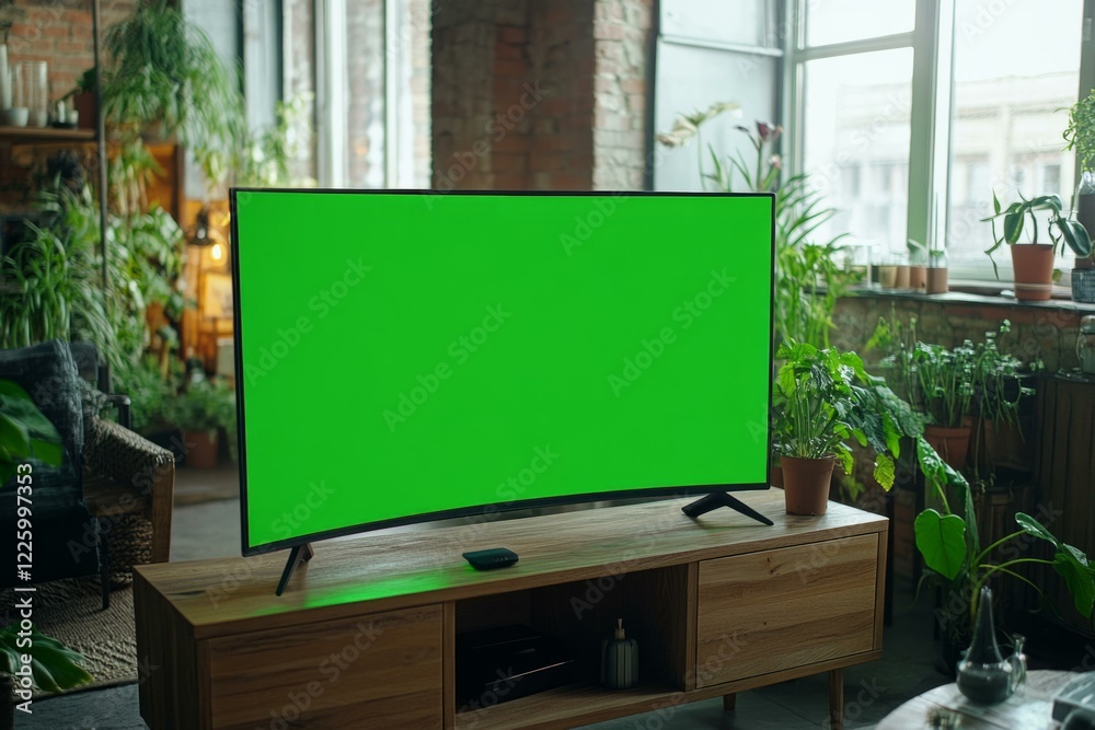 Curved 3D TV with chroma key screen in stylish living room interior, surrounded by plants for modern decor Curved 3D TV with chroma key screen in stylish living room interior, surrounded by plants for modern decor