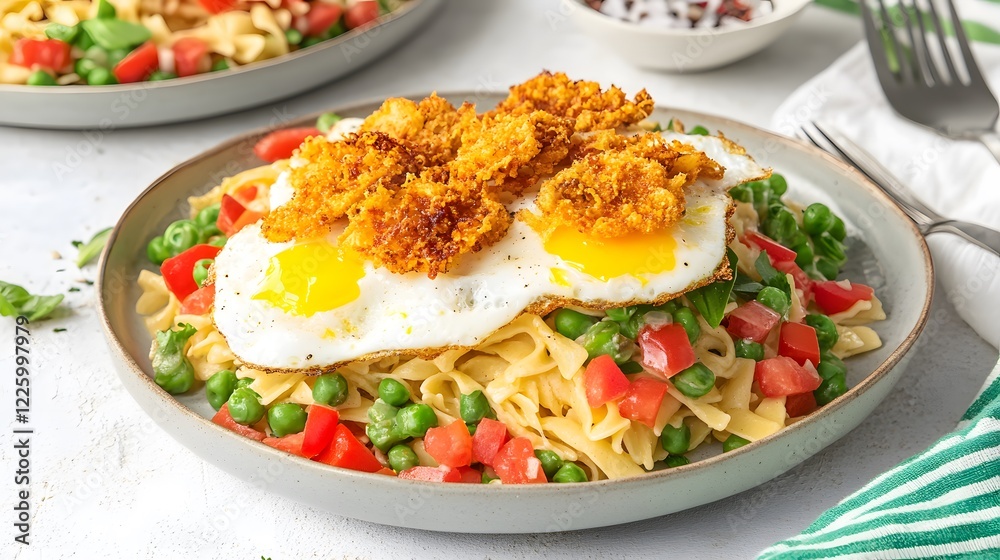 Delicious Creamy Pasta with Fried Eggs and Crispy Croutons Delicious Creamy Pasta with Fried Eggs and Crispy Croutons