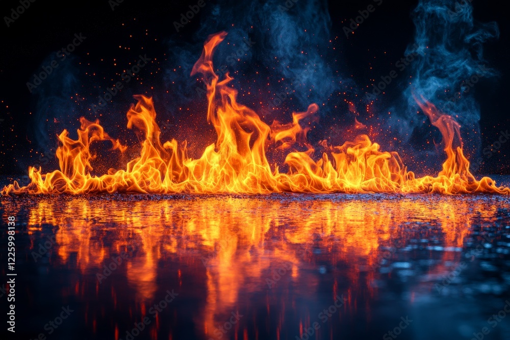 Fototapeta premium Flames dance above a reflective surface creating an enchanting display of light and color in a dark atmosphere